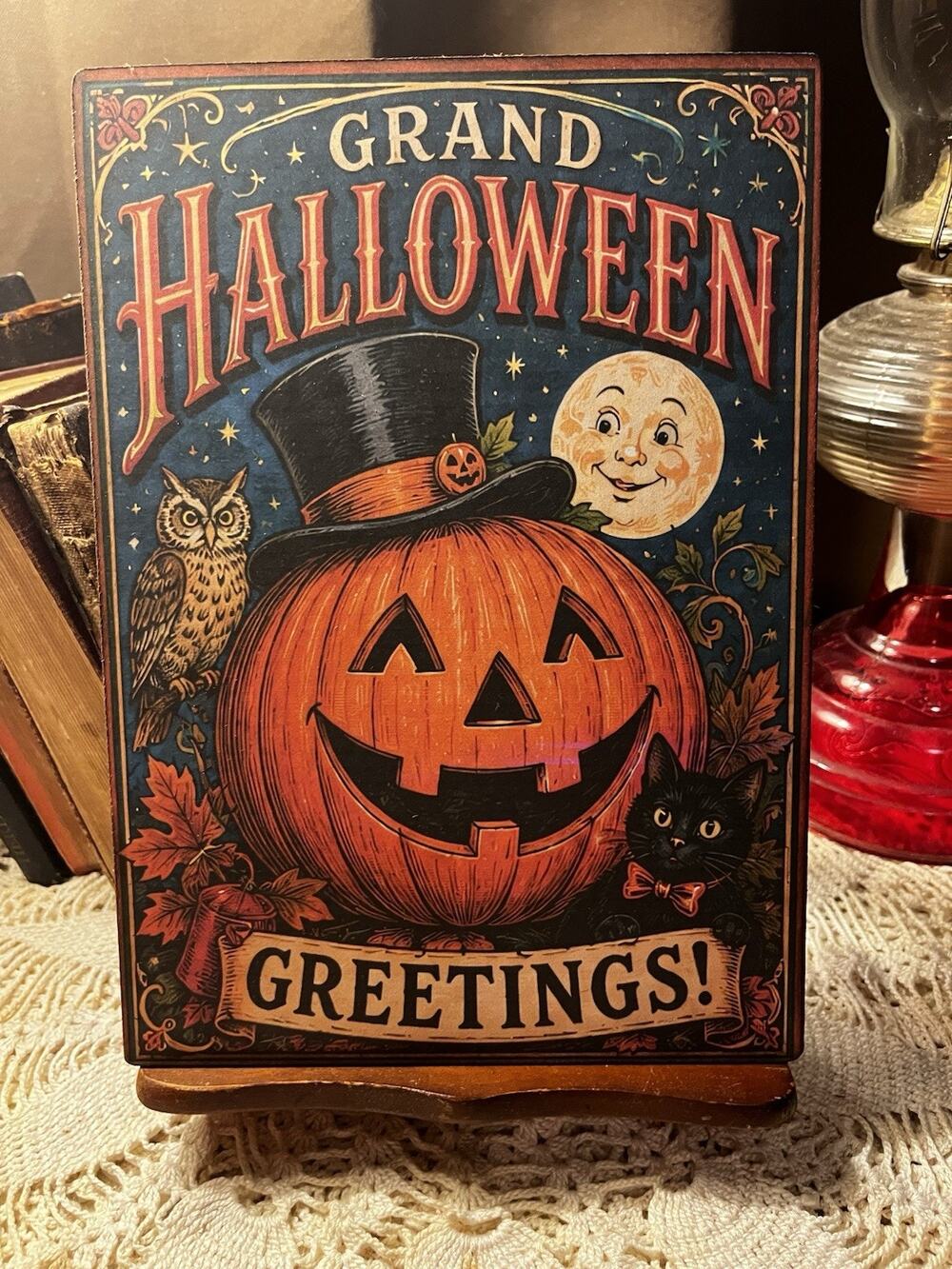 Halloween Greetings , Pumpkin , Retro Handcrafted Plaque